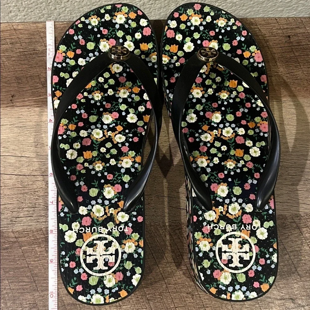 Tory Burch‎ Black Floral Wedge Sandals, NWOT